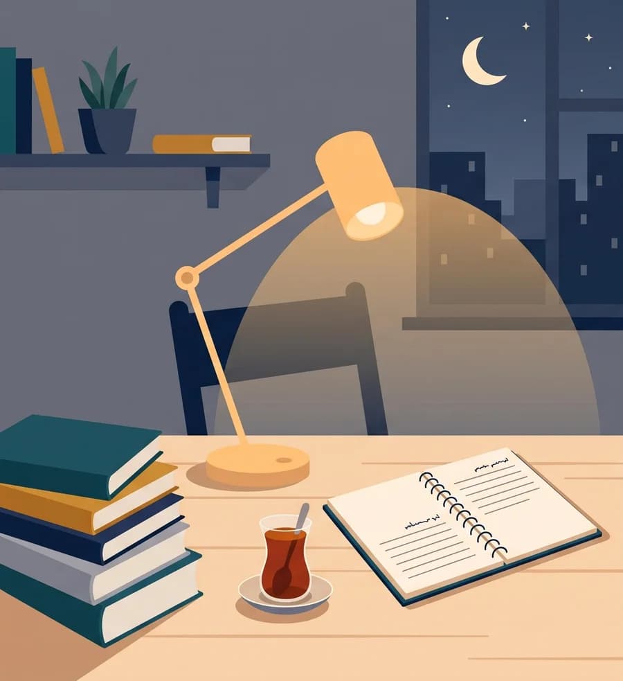 میز مطالعهای کنار پنجره، با چراغمطالعه، کتابها، دفتر و یک استکان چای